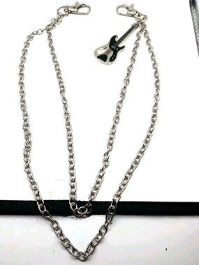 Double Layer Silvertone + Black Guitar Pants Or Wallet Silver Tone Chain 19"
